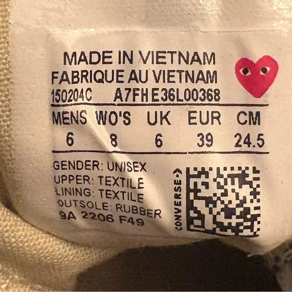 Converse Comme des Garcons Mid Shoes Sneakers Women's 8/Men’s 6 - Picture 9 of 10